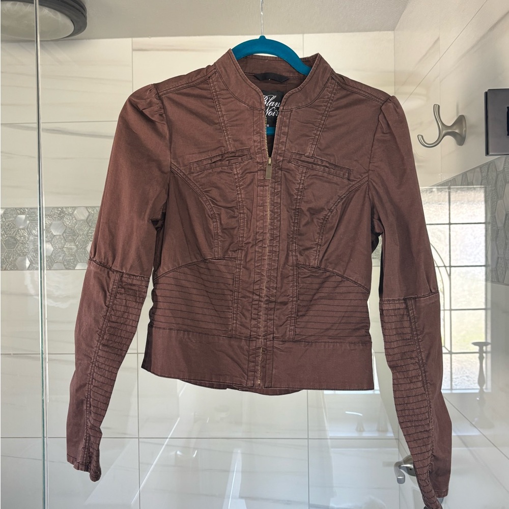 Brown Utility Jacket with Stand-Up Collar and Seaming Details
